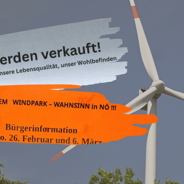 Ein Windrad mit dem Faksimile von Flugblattüberschriften gegen Windkraft