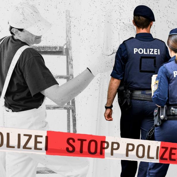 Polizisten gehen auf einen Maler zu