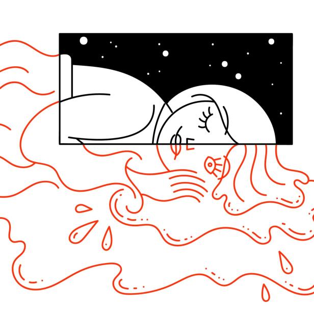 Illustration zum Thema Wechseljahre, eine Frau liegt in der Ncht wach