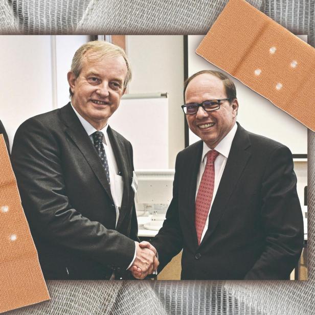 Die langjährigen Ärztekammer-Funktionäre Johannes Steinhart und Thomas Szekeres beim Handshake