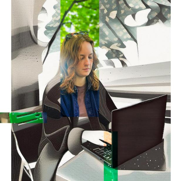 Eine junge Frau arbeitet konzentriert an einem Laptop, umgeben von abstrakten, digitalen und natürlichen Elementen, die den Einfluss von KI auf kreative Berufe symbolisieren.