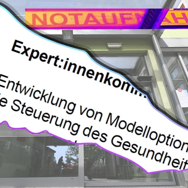 Ausschnitt eines Notaufnahmeeingangs mit überlagerndem Text zu Gesundheitsreform-Expertise.