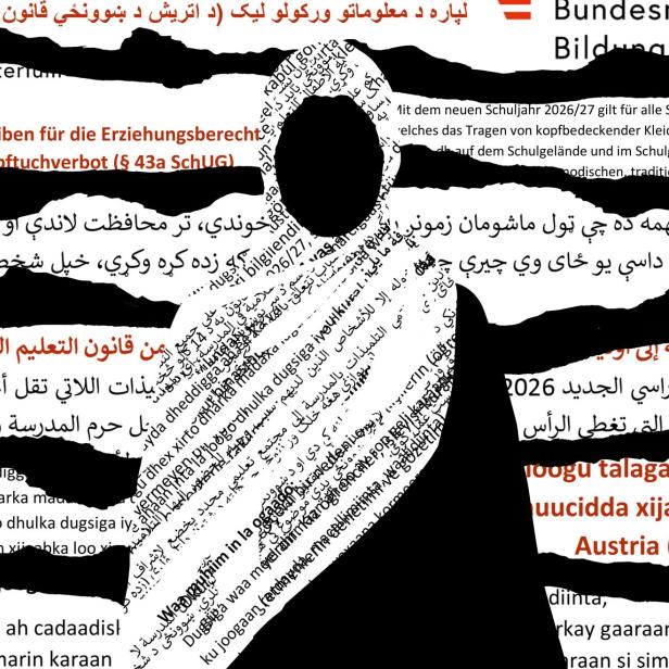 Man sieht eine Illustration einer Frau mit Kopftuch, eingehüllt in viele Sprachbänder 