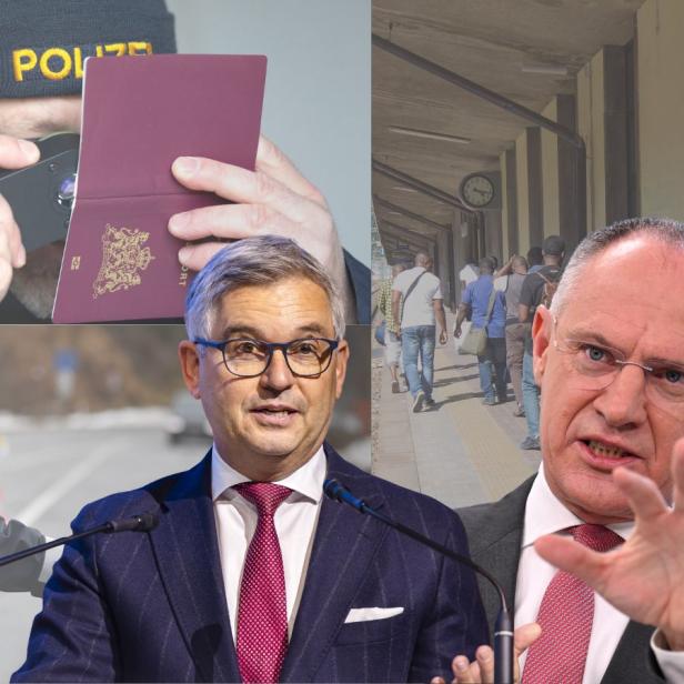 Magnus Brunner und Gerhard Karner vor Polizisten und Asylwerbern
