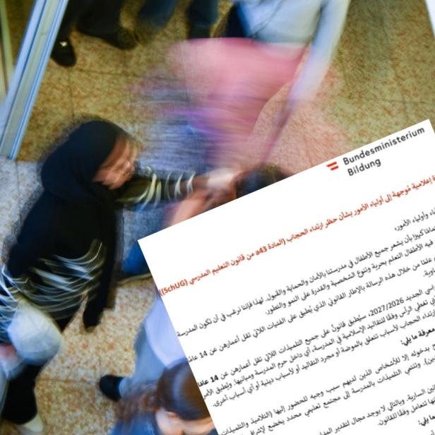 Brief, Arabisch, über Mädchen in Schule mit Kopftuch gelegt