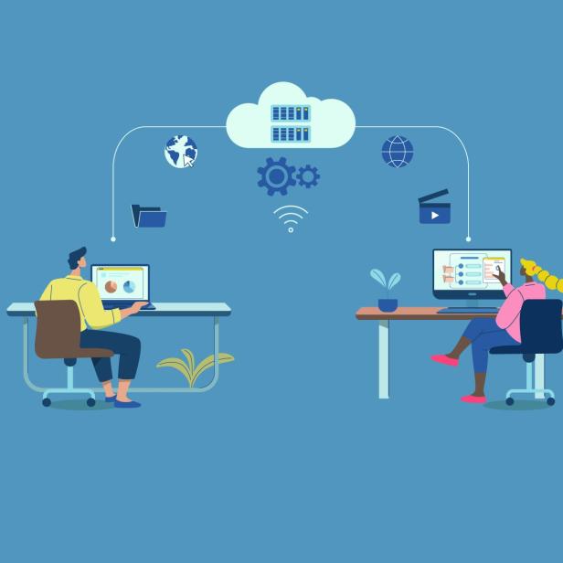 Illustration von einem mann und einer Frau jeweils hinter einem Schreibtisch, eine Zeichnung von cloud systemen connected die beiden