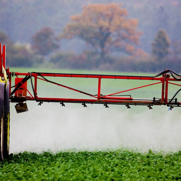 Ein Landwirt versprüht ein Pflanzenschutzmittel auf einem Feld. 