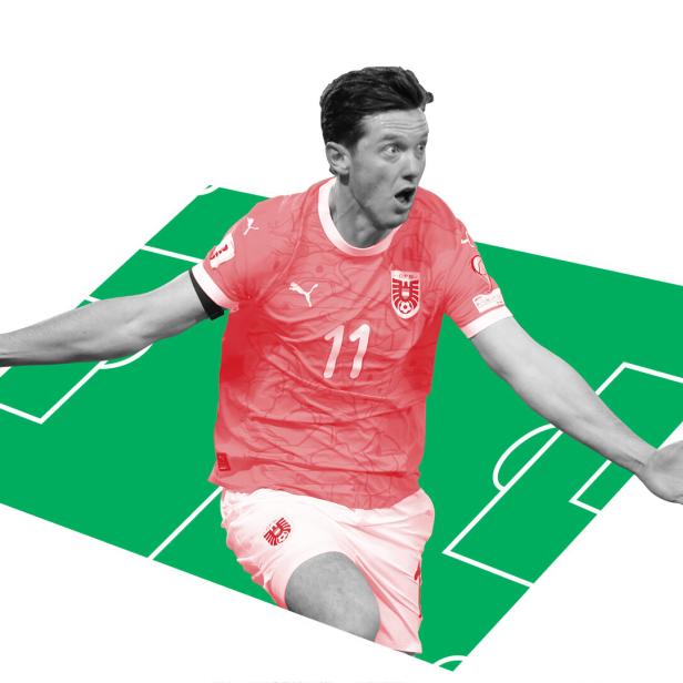 Illustration zeigt Michael Gregoritsch jubelnd vor einem stilisierten Fußballfeld