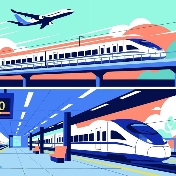 Flugzeug und Zug an einem Bahnsteig