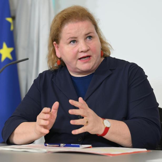 Eine Frau mit blonden Haaren spricht gestikulierend an einem Tisch, im Hintergrund ist eine EU-Flagge zu sehen.