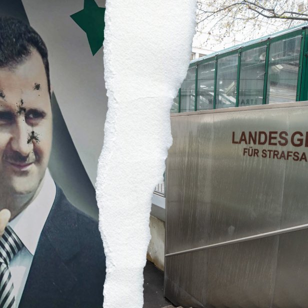 Links ein Bild von Diktator Baschar Al Assad, rechts ein Bild vom Landesgericht für Strafsachen Wien