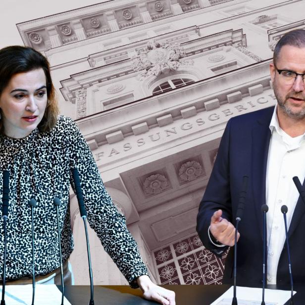 Collage: Alma Zadić (Grüne) und Christian Hafenecker (FPÖ) vor dem Verfassungsgerichtshof.