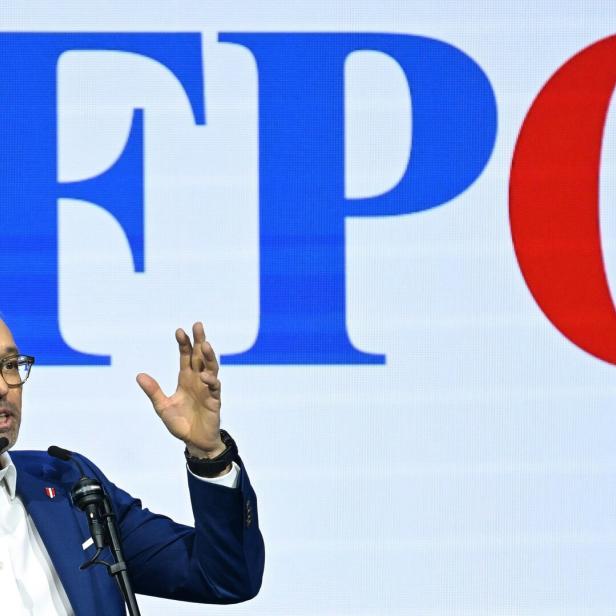 Ein Mann redet gestikulierend vor einem FPÖ-Logo. Es ist Parteichef Kickl.