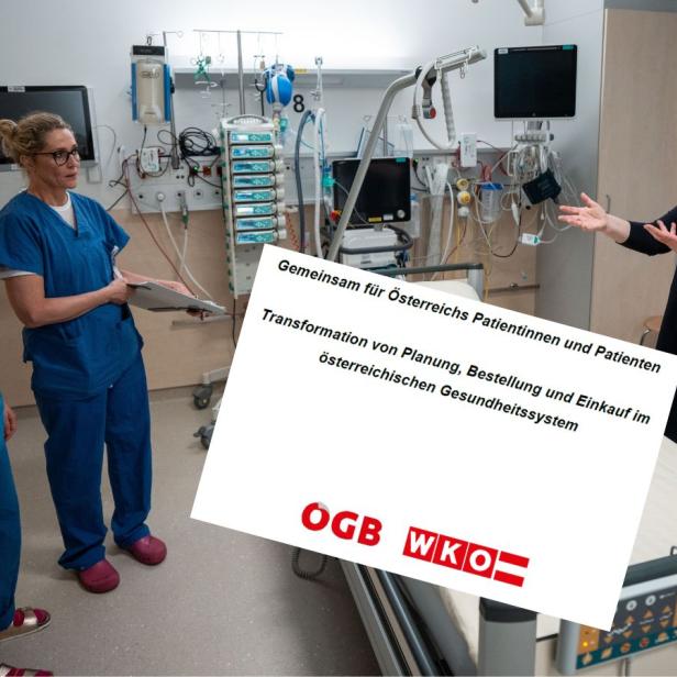 Ministerin in Spitalszimmer mit Schwestern, Reformpapier Montage