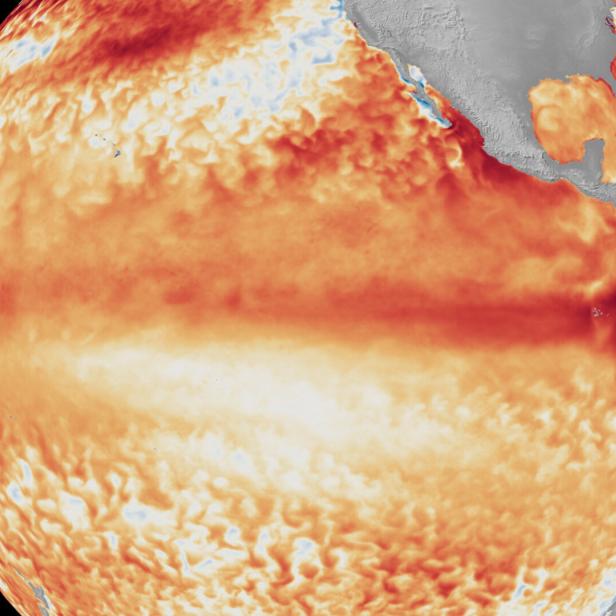 Satellitenbild vom Pazifik, warme Strömungen in rot