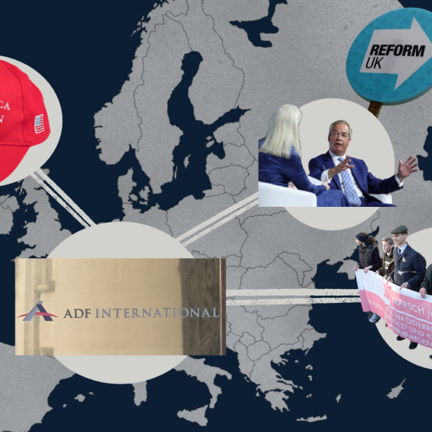 Fotocollage: Man sieht das ADF International Logo, einen MAGA-Hut, Nigel Farage und einen Protestzug mit einem "Marsch-fürs-Leben"-Banner vor einer Europa-Karte.