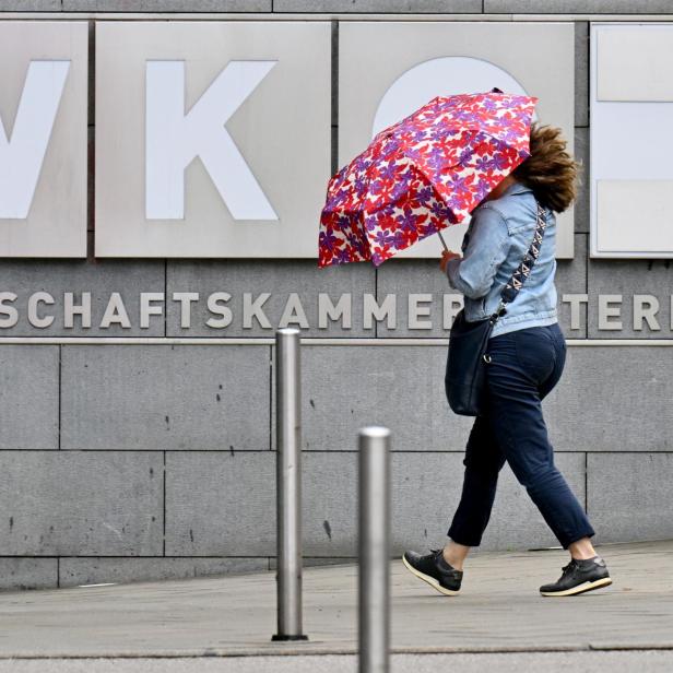 Frau mit Regenschirm vor dem Schild der WKO-Zentrale in Wien