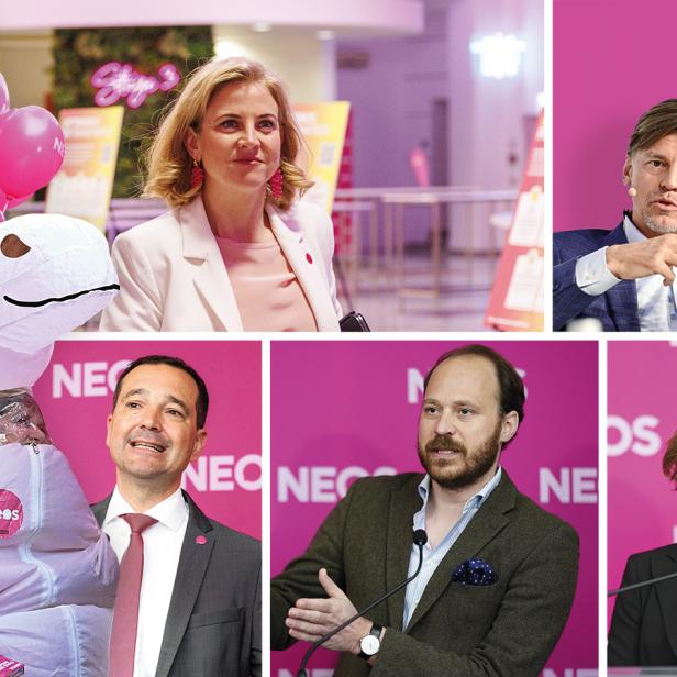 Collage mit Neos-Politikerinnen und Politikern und dem Einhorn-Maskottchen