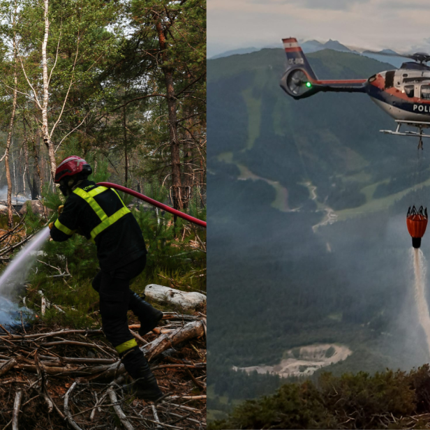 Links von das Bild von einem Feuerwehrmann in Fontainebleau, der mit einem Schlauch ein Feuer am Boden in einem Wald löscht, rechts das Foto eines Feuerwehreinsatzes im Mühlbach am Hochkönig (Pongau), wo bei einem Waldbrand ein Polizeihelikopter angefordert wurde. Ein Polizeihelikopter lässt aus einem Behälter Wasser ab.