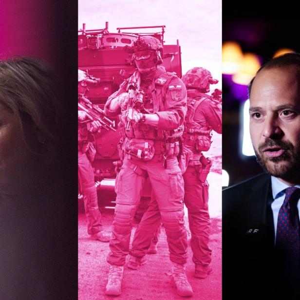 Collage: Beate Meinl Reisinger, ein pink eingefärbtes Foto eines Soldten, Nikolaus Scherak 