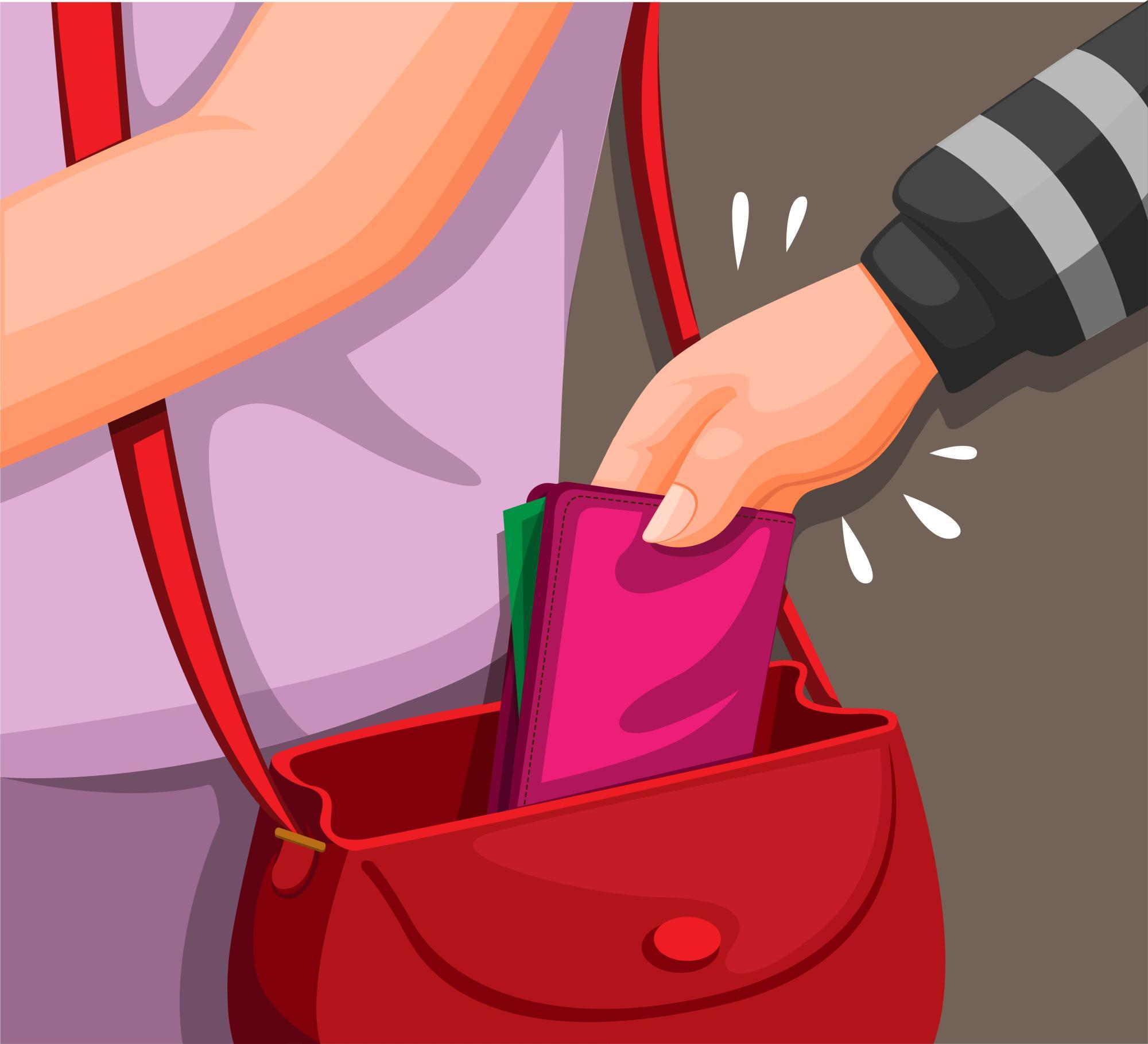 Ein Taschendieb klaut eine Geldbörse aus einer Tasche.